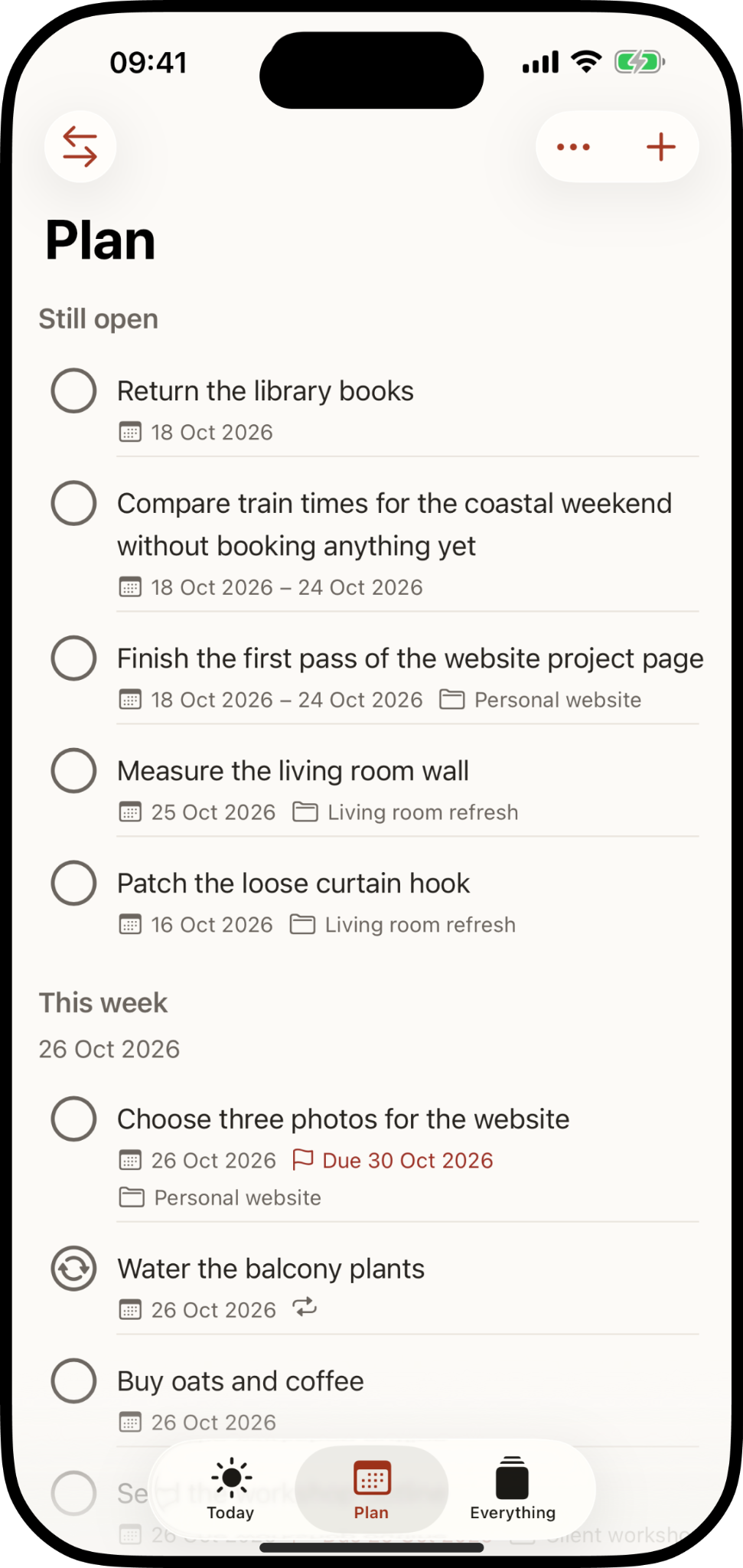 Actual Intention Plan screen with this week's intentions and still-open items