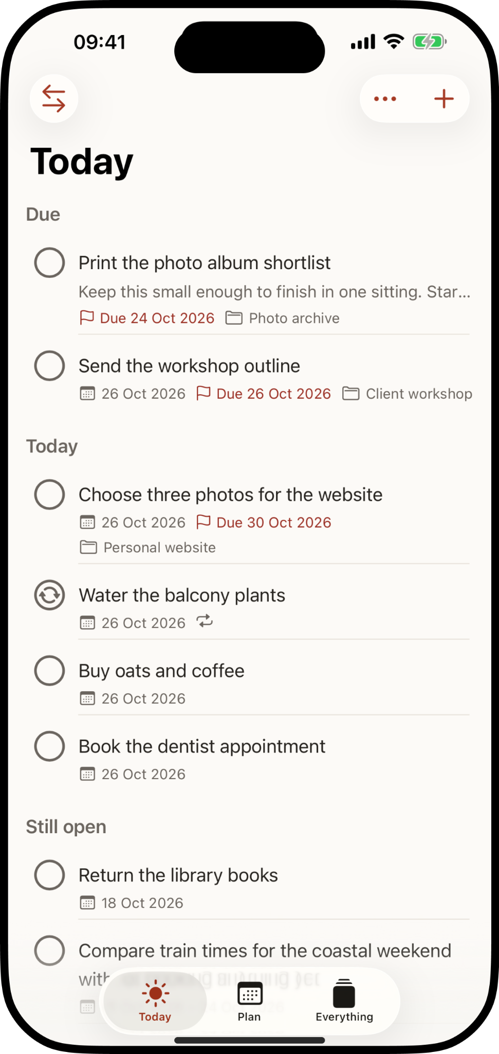 Real Intention app screen showing today's intentions, due items, and things still open.
