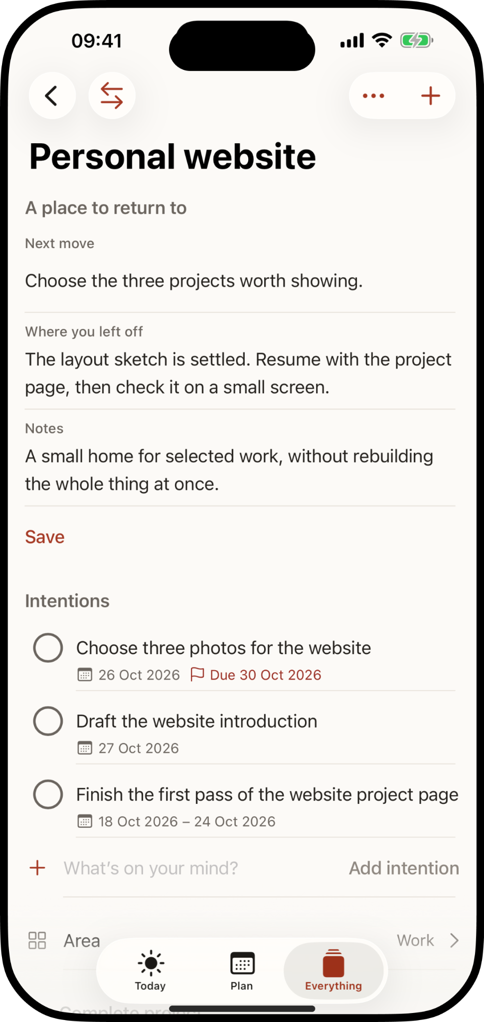 Intention project view showing the next move and notes about where you left off